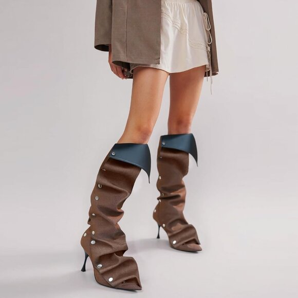 Women Brown Suede Detachable Snap-off Panel Fold Over Fall Shark Knee High Boot - Picture 2 of 8